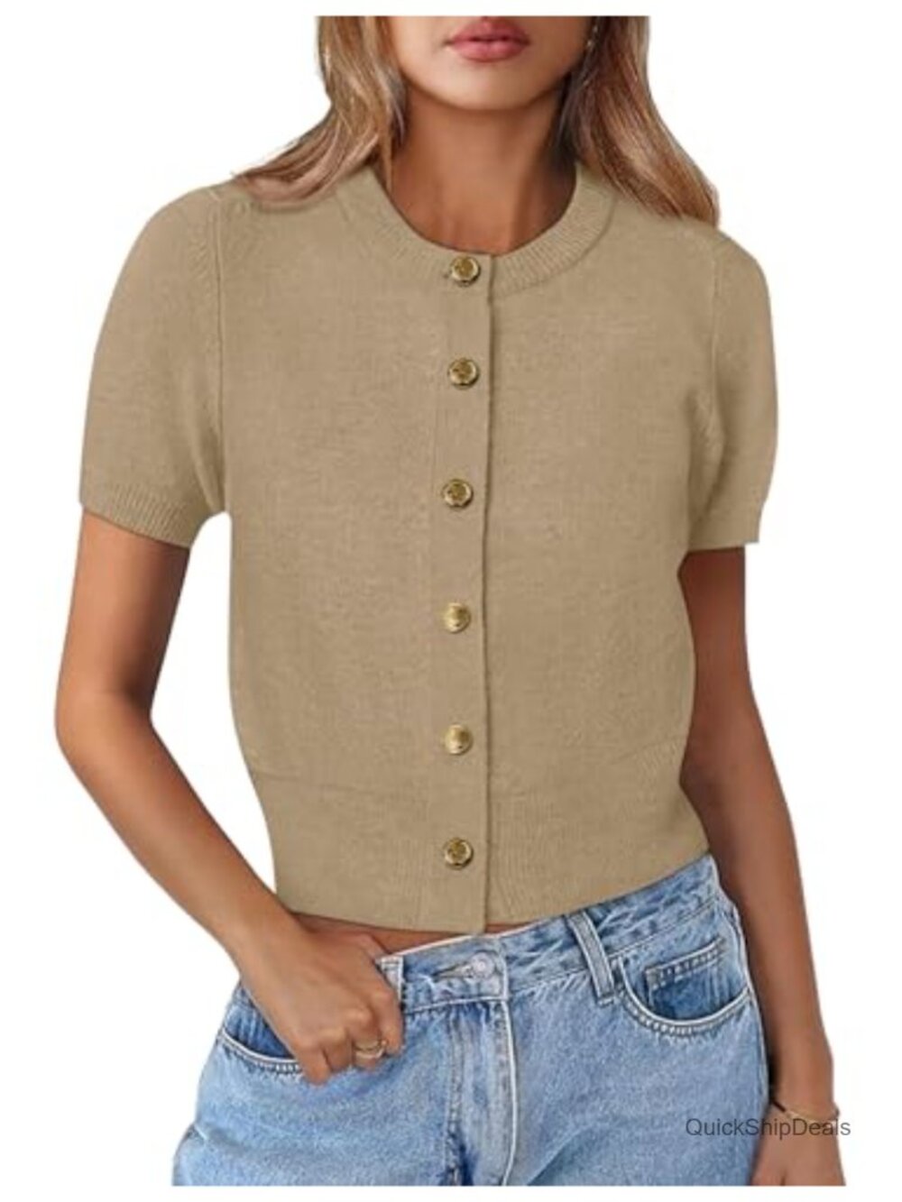 Womens Summer Short Sleeve Knit Cardigan Button Down Crew Neck Crop Top